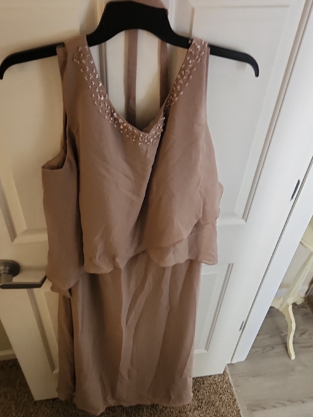 Source Unknown Taupe Beaded Scoop Neck Layered Chiffon Maxi Dress